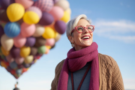 Portrait of happy senior woman with colorful balloons on the background of blue skyの素材