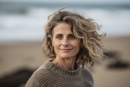 Portrait of happy senior woman with curly hair looking at camera on beachの素材