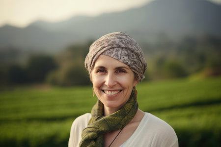 Portrait of smiling woman wearing scarf and headscarf standing in tea plantationの素材