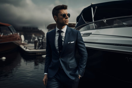 Handsome young man in suit and sunglasses standing near luxury yacht.の素材