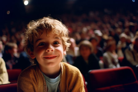 Cute little boy watching movie in cinema, cinema hall or auditoriumの素材