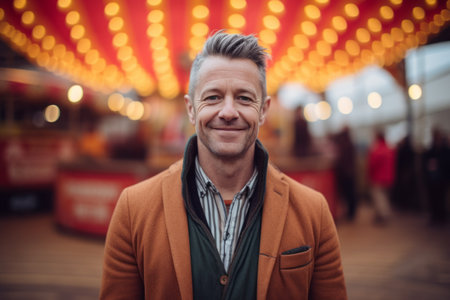 Portrait of handsome middle-aged man smiling at camera while standing in amusement parkの素材