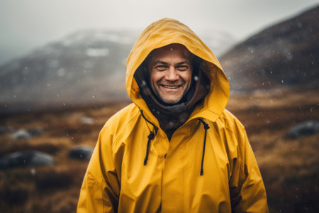 A man in a yellow raincoat stands in the mountains and smiles.の素材