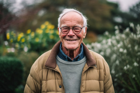 Portrait of a senior man with glasses in the garden. Elderly people.の素材