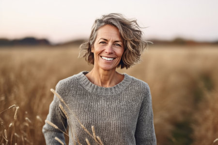 Portrait of a smiling senior woman standing in a wheat field.の素材