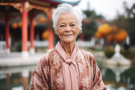 Portrait of a smiling senior woman at the chinese temple.の素材