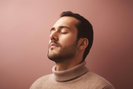 Portrait of a handsome young man with closed eyes on a pink backgroundの素材