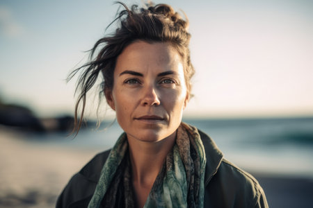 Portrait of a beautiful young woman on the beach at sunset.の素材