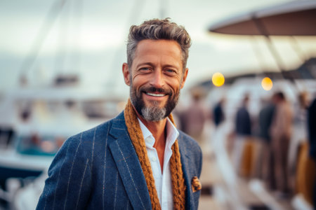 Portrait of a handsome mature man smiling at the camera while standing on a yacht pier.の素材
