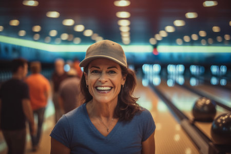 Portrait of smiling woman standing in bowling alley at the leisure centerの素材