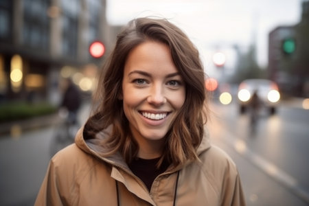 Portrait of a beautiful young woman smiling on the city street.の素材