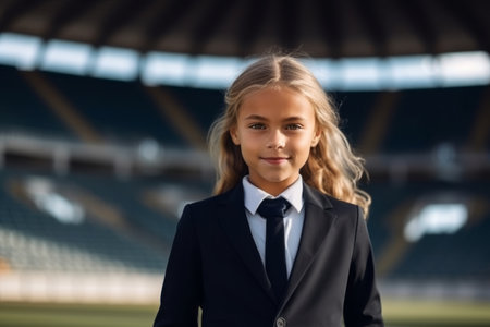 portrait of adorable schoolgirl in formal wear looking at camera at stadiumの素材