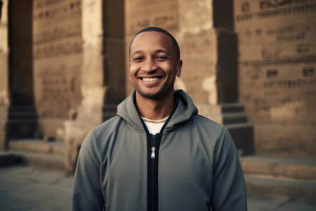 Portrait of a smiling african american man standing in front of an ancient Egyptian templeの素材