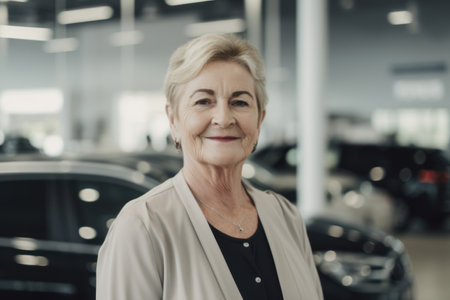 portrait of happy senior woman standing in car showroom and looking at cameraの素材