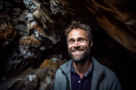 Portrait of a handsome man in a cave smiling at the cameraの素材
