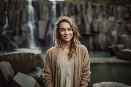 Portrait of a beautiful young woman in front of a waterfall.の素材