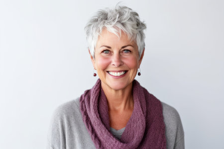 Portrait of a smiling senior woman with a scarf on white backgroundの素材