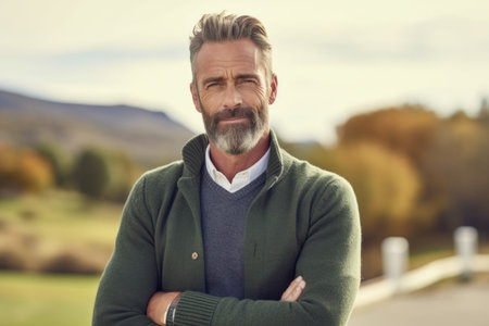 Handsome middle-aged man in a green woolen sweater.の素材