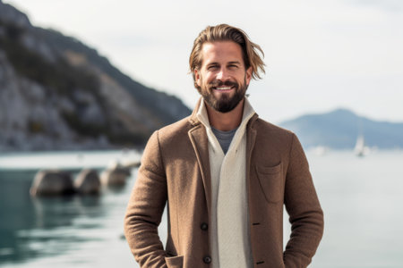 Portrait of a handsome man wearing a coat standing by the seaの素材