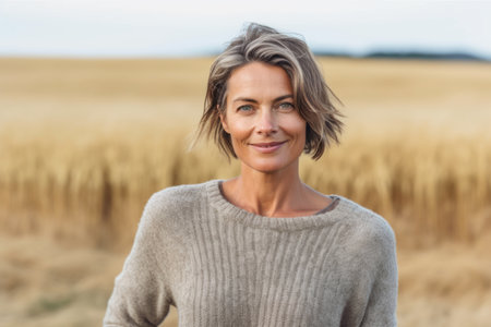 Portrait of smiling woman standing in wheat field on a sunny dayの素材