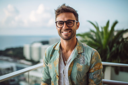 Portrait of young handsome man with eyeglasses at the balconyの素材