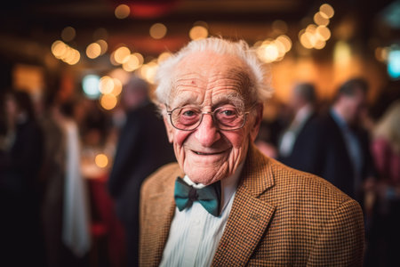 Portrait of an old man with glasses and bow tie in a restaurantの素材