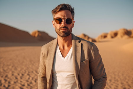 Handsome young man in sunglasses and jacket walking in the desertの素材