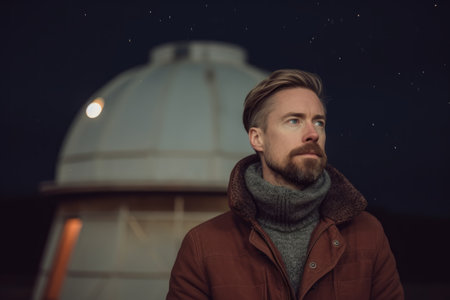 Portrait of a handsome young man with a beard, wearing a brown jacket and gray scarf, standing in front of an astronomical observatory at night.の素材