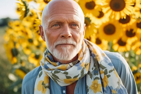 Portrait of a senior man in a sunflower field. Selective focus.の素材