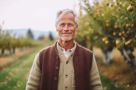 Portrait of senior man standing in apple orchard and smiling at cameraの素材