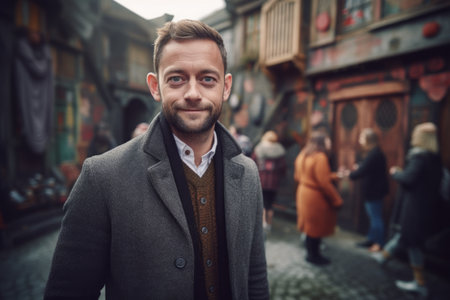 Portrait of a handsome young man in a coat standing on the streetの素材