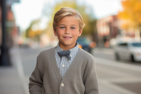 Portrait of a cute little boy with bow tie on the streetの素材