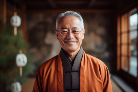 Portrait of senior asian man in orange robe smiling at cameraの素材