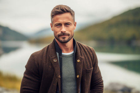 Portrait of a handsome young man in a brown jacket on the background of a mountain lake.の素材