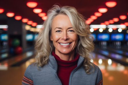 Portrait of smiling senior woman standing in bowling alley at bowling clubの素材