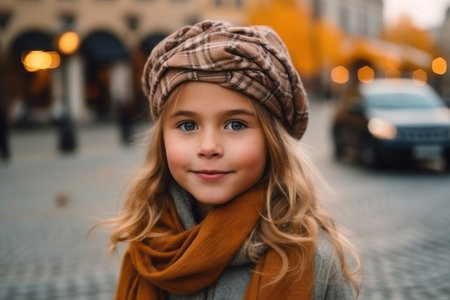 Portrait of a cute little girl in a hat and scarf on the streetの素材