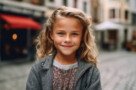 Portrait of a cute little girl with blonde curly hair in a gray coat on the street.の素材