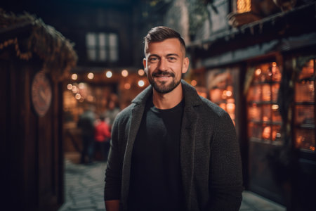 Portrait of a handsome young man with a beard, dressed in a gray coat and jeans, standing in an old European city.の素材