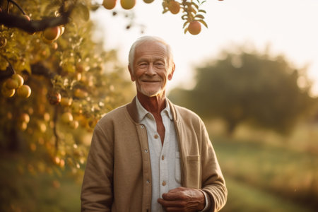Portrait of senior man standing in apple orchard. Senior man looking at camera and smiling.の素材