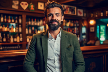 Handsome bearded man in a green suit in a pub.の素材