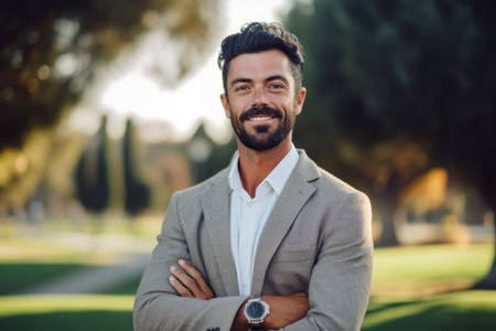 Portrait of a handsome young man with a beard in a business suit smiling at the cameraの素材