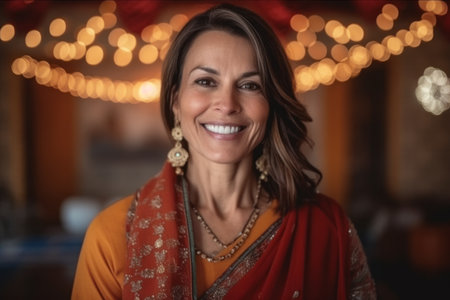 Portrait of smiling mature woman in saree looking at camera in restaurantの素材