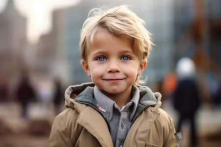Portrait of a cute little boy with blonde hair in the cityの素材