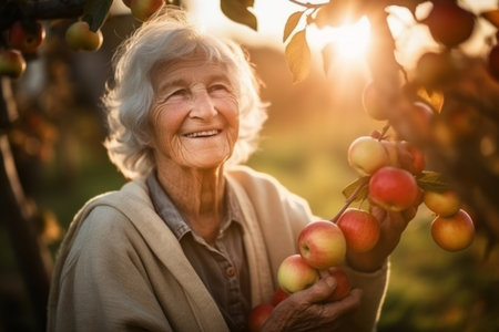 Portrait of happy senior woman picking apples in orchard at fallの素材