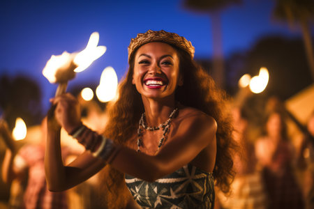 Portrait of beautiful woman dancing at a music festival on the beachの素材
