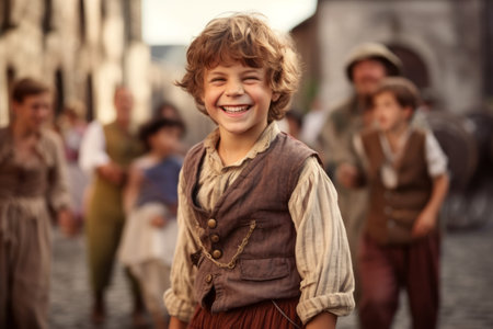 Portrait of smiling boy in medieval costume on the background of touristsの素材