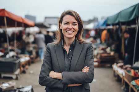 Portrait of a smiling woman standing with arms crossed at a flea marketの素材