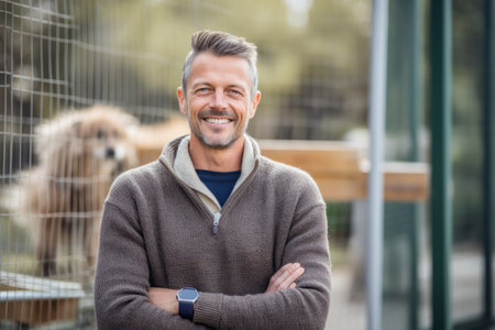Portrait of handsome man standing with arms crossed in front of fenceの素材