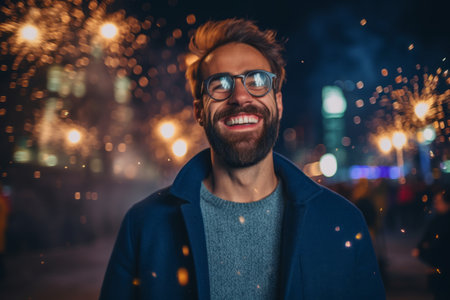 Portrait of a handsome young man wearing coat and glasses on the background of fireworks.の素材