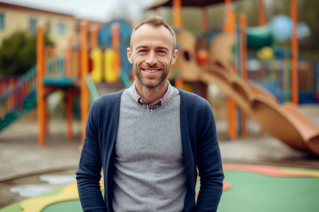 Portrait of a smiling young man standing on a children's playgroundの素材